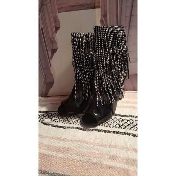 Open toe black silver fringe Pleaser sz 10 booties new - Picture 1 of 5